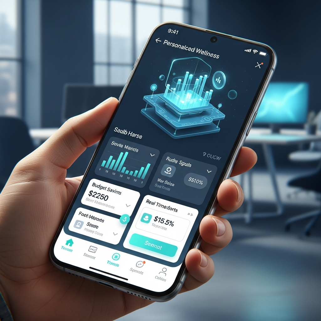 Close-up of a 3D financial wellness dashboard for credit unions with glowing UI elements
