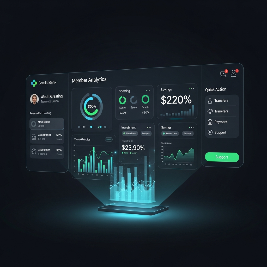 Data-driven Credit Union Dashboard Illustration showing accessible 3D charts and high-contrast data visualization for a 2026 member experience