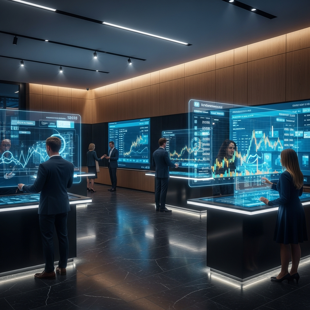 Futuristic holographic fintech interface showing member growth metrics