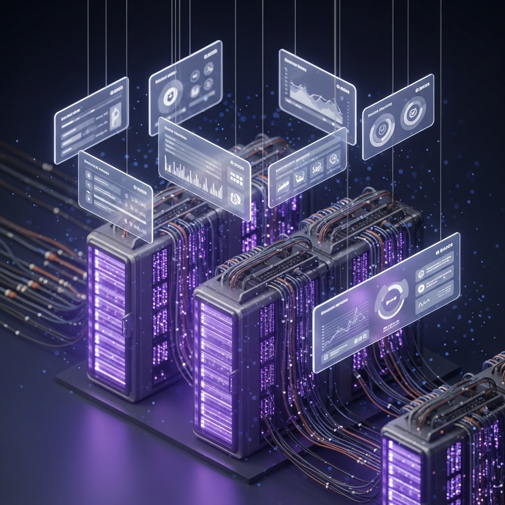 Ultra-detailed 3D isometric render of a secure, compliant credit union data center, represented by glowing server racks and network connections. Emphasize data protection and regulatory adherence. Glassmorphism UI panels with frosted glass effects, dark navy gradient background, glowing violet (#8B5CF6) highlights, volumetric lighting, photorealistic materials, 8K resolution, depth of field bokeh. Focus on technological sophistication and trustworthiness.