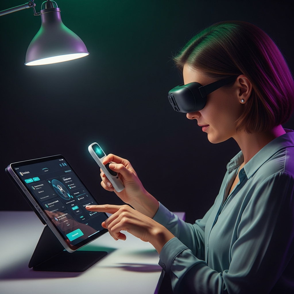Credit union member with low vision using an accessible tablet interface with large print and voice commands for banking.