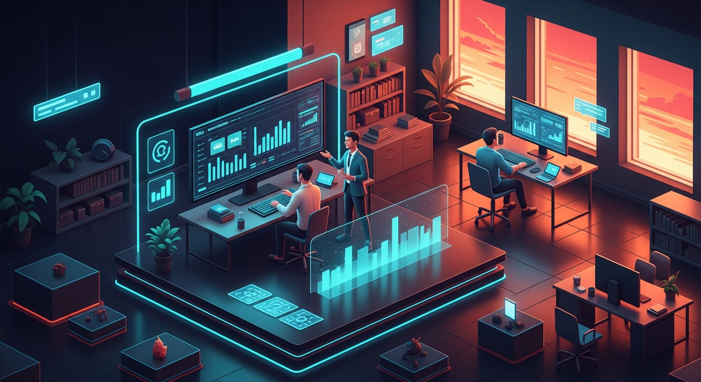 Credit union executive reviewing AI chatbot performance metrics and analytics dashboard in a modern office setting