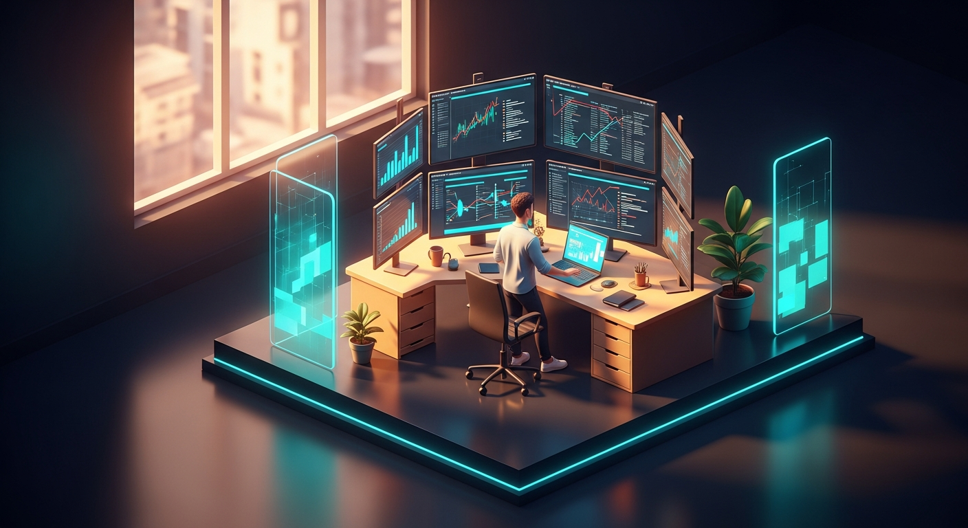 A product manager reviewing project timelines across multiple monitors in a bright modern office