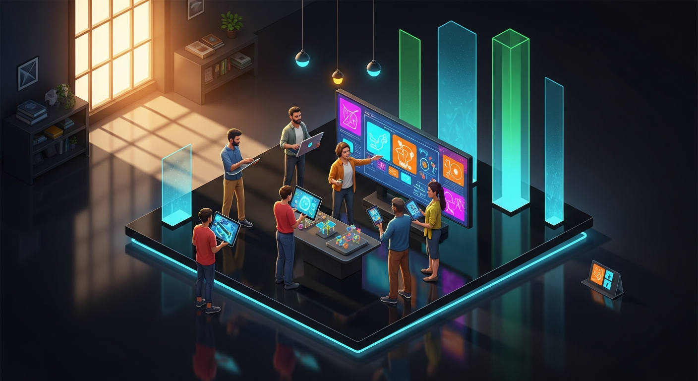 A design team collaborating around a large interactive display in a sunlit studio with warm lighting
