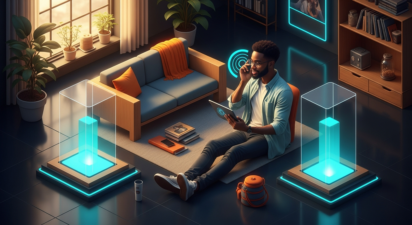 Young professional using a voice-enabled AI assistant on a tablet in a bright modern workspace with warm lighting