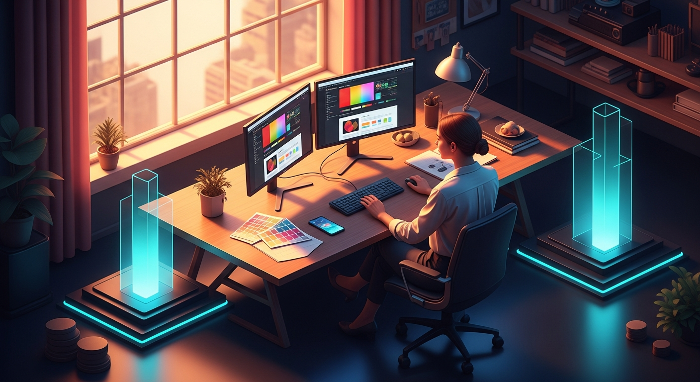 Credit union content strategist reviewing website color contrast on dual monitors