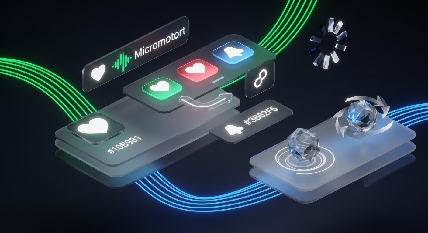 Futuristic design system visualization with floating glassmorphic UI components showing micro-interaction feedback loops including pulsing states and shimmering notification elements