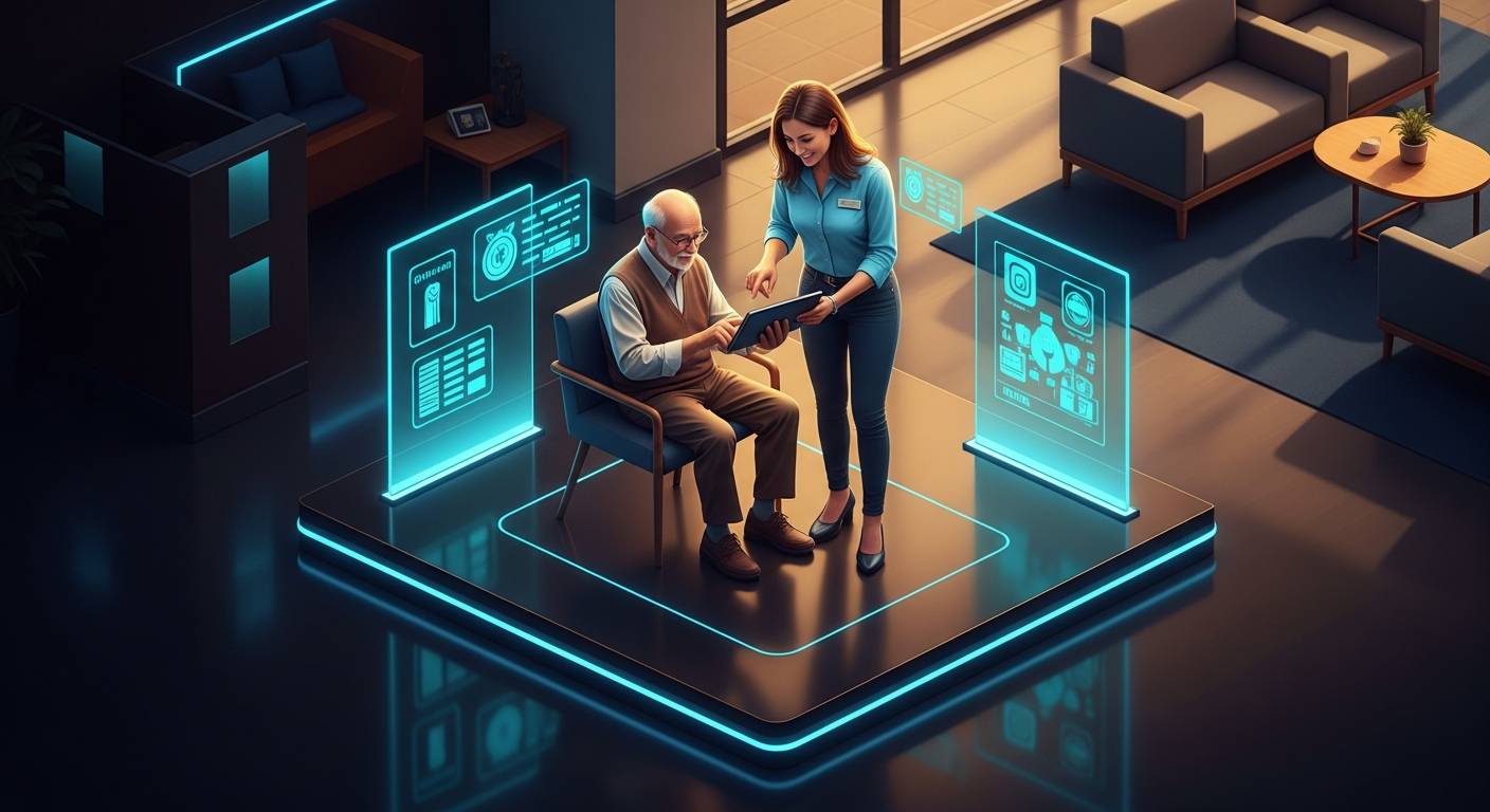 A warm, welcoming credit union member services specialist helping an elderly member navigate a tablet in a modern branch lobby with natural golden hour lighting