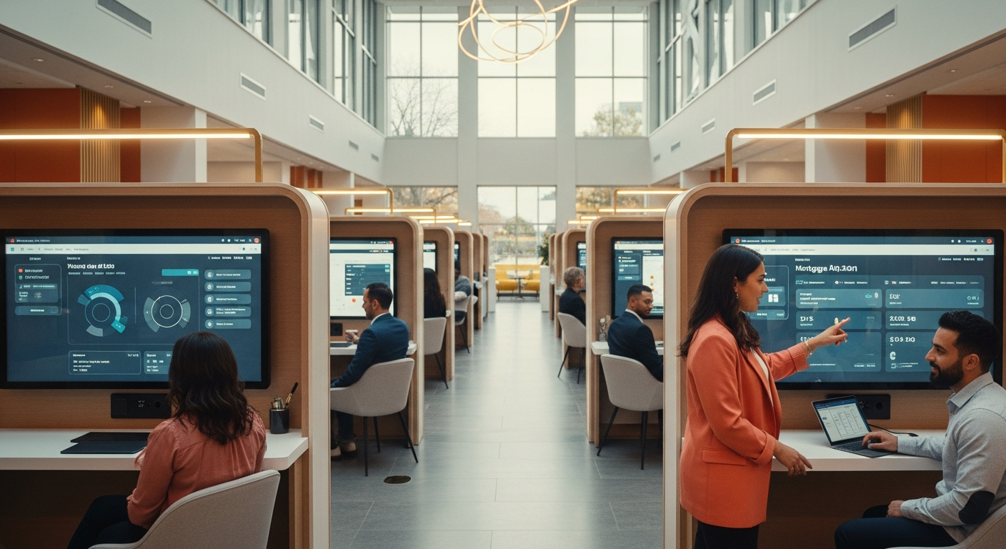 Modern credit union branch transformed into a digital innovation hub with interactive consultation pods and large touchscreens