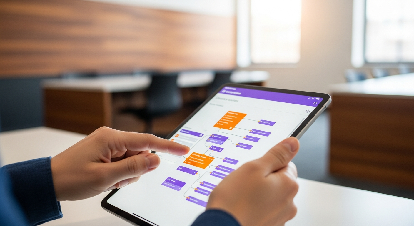 Hands working on a tablet displaying colorful automation workflows in a credit union office
