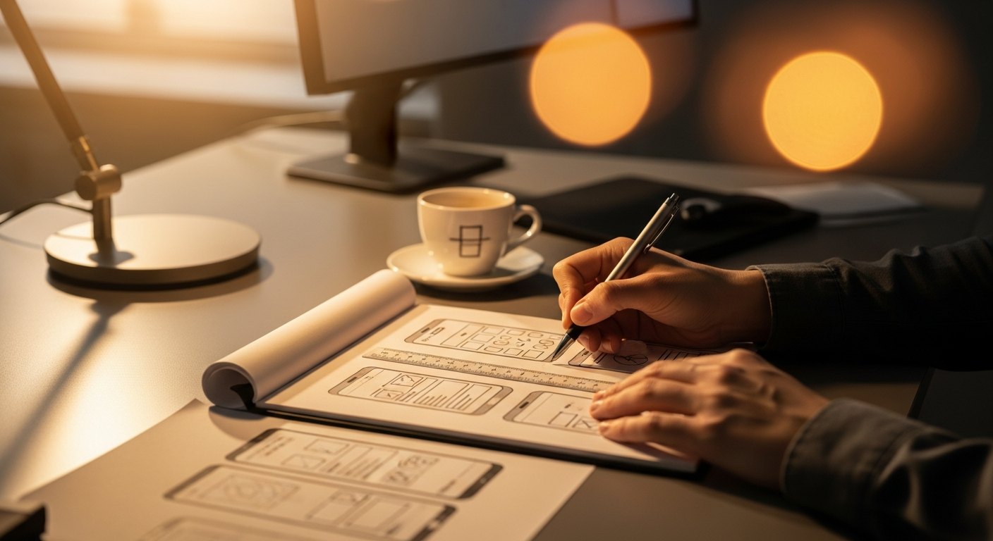 Designer wireframing mobile onboarding screens on paper in warm lamp-lit workspace