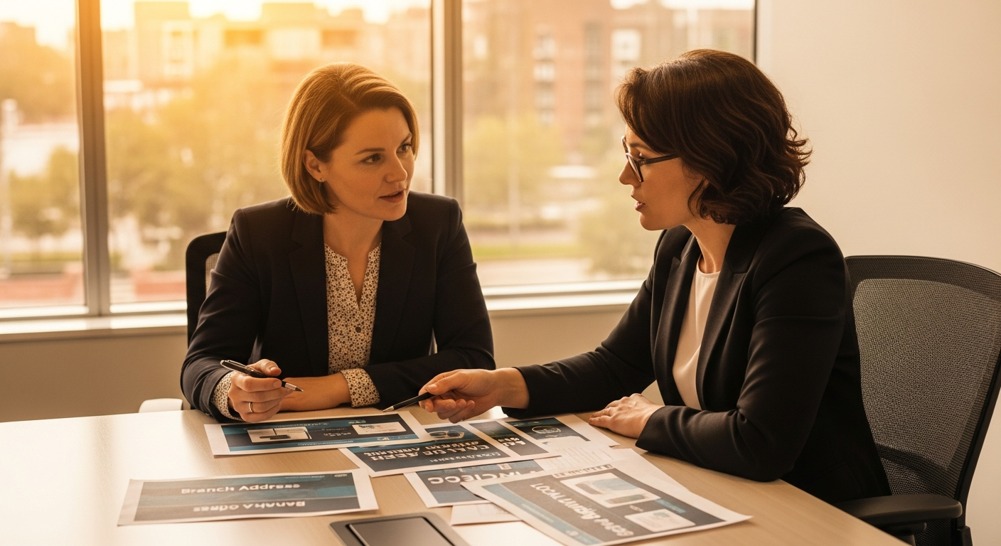 Credit union branch manager and marketing director reviewing location-specific SEO strategy at a conference table with warm natural lighting