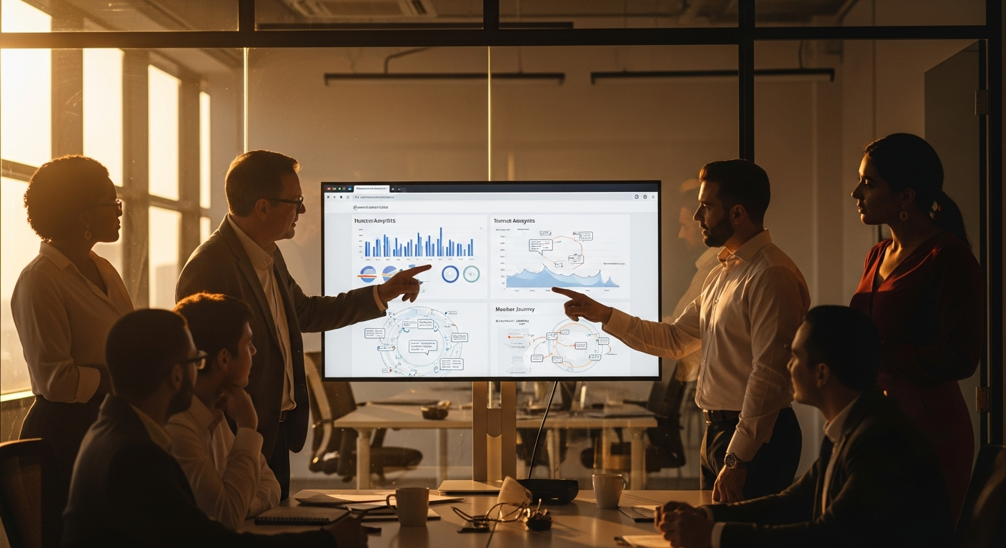 Credit union CEO and marketing director reviewing member engagement data and website analytics on a large screen, modern office