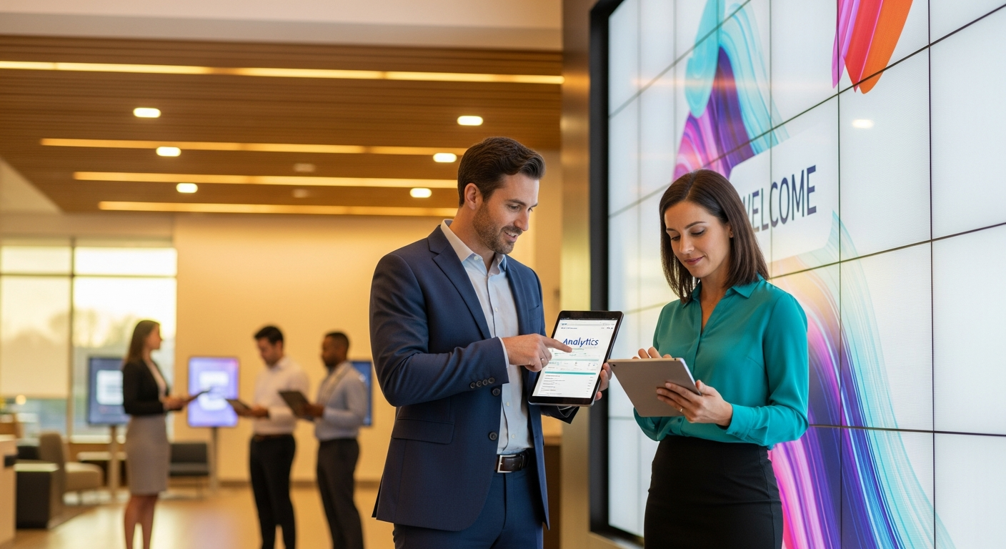 Credit union executive team reviewing digital performance data on tablets in a modern branch lobby, warm amber editorial photography style