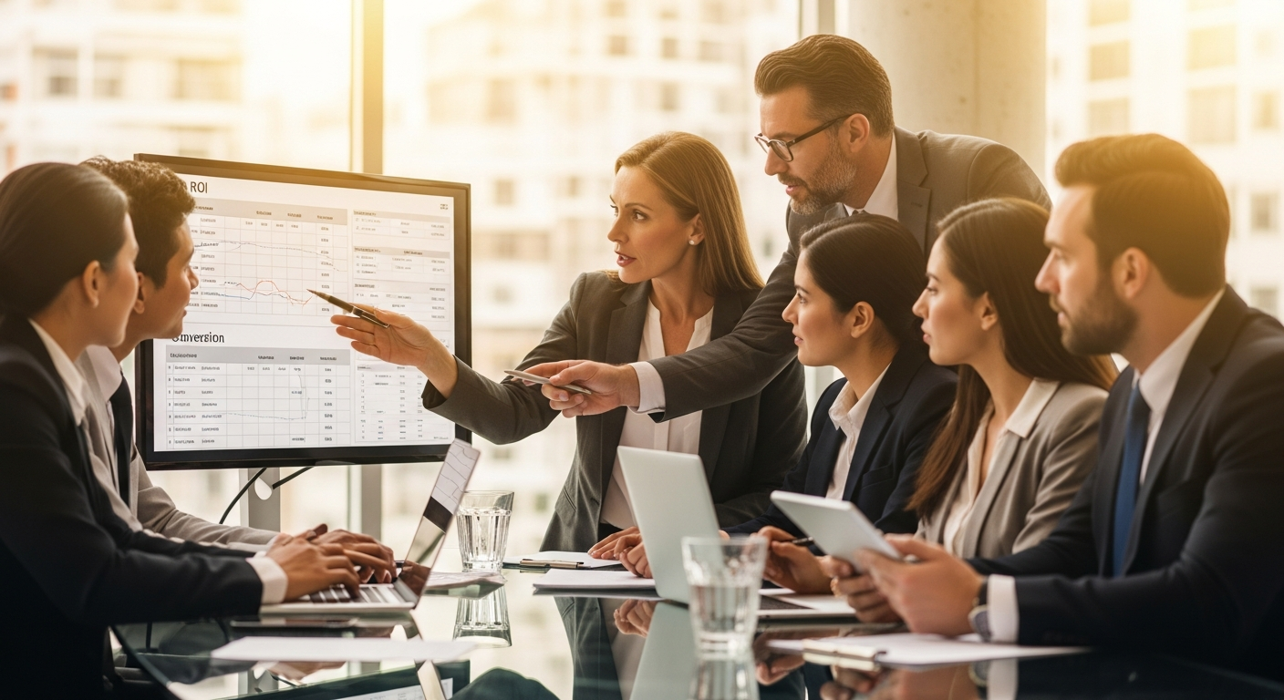 Credit union CEO and VP of Marketing analyzing ROI reports and conversion metrics at a modern glass conference table with warm natural lighting