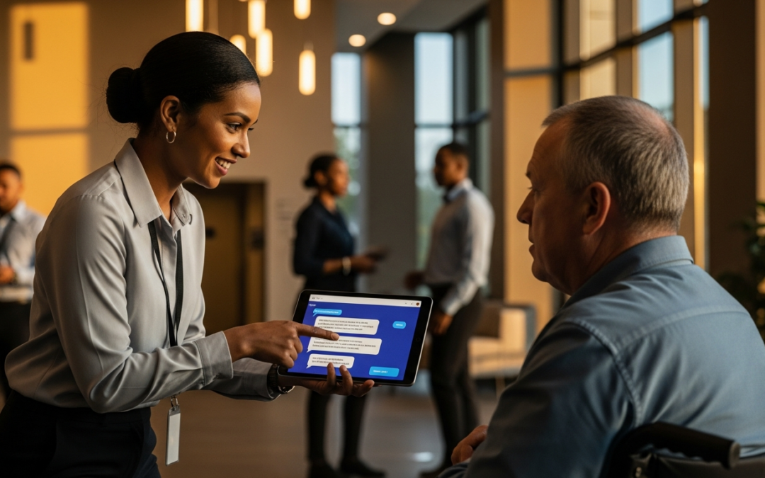 Credit union professional demonstrating an accessible AI chatbot to a member with a disability in a modern branch lobby