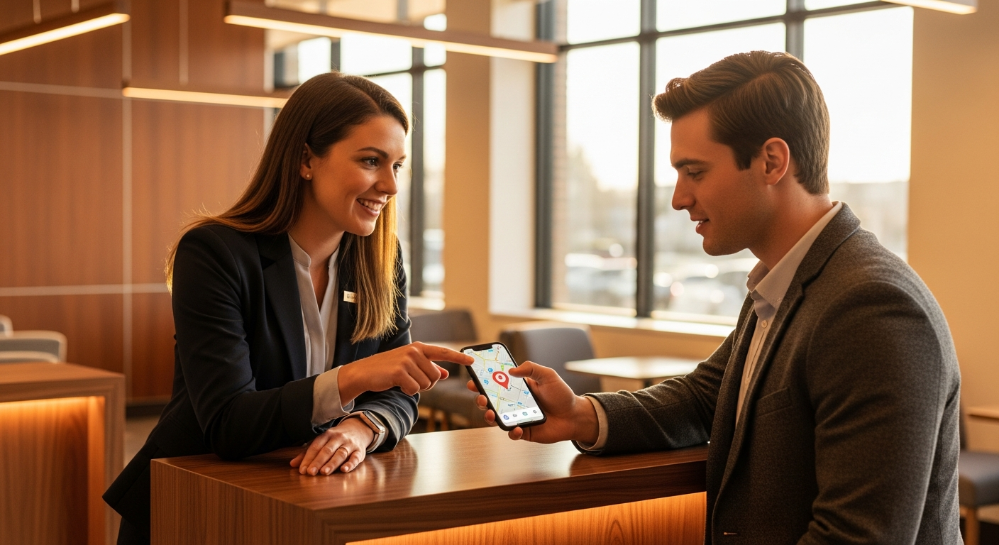 Credit union member services representative helping a member use a smartphone to find branch locations, warm amber-toned editorial photography style