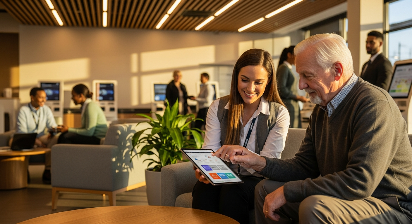 credit union member services representative helping a member navigate a website on a tablet in a branch lobby