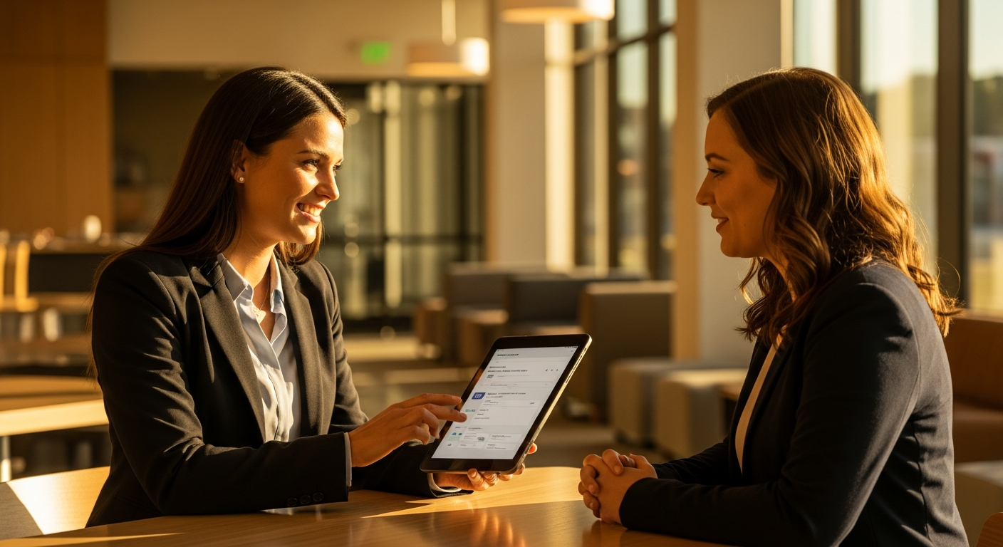 Credit union member services specialist helping a member use a tablet for digital account opening, warm modern branch interior