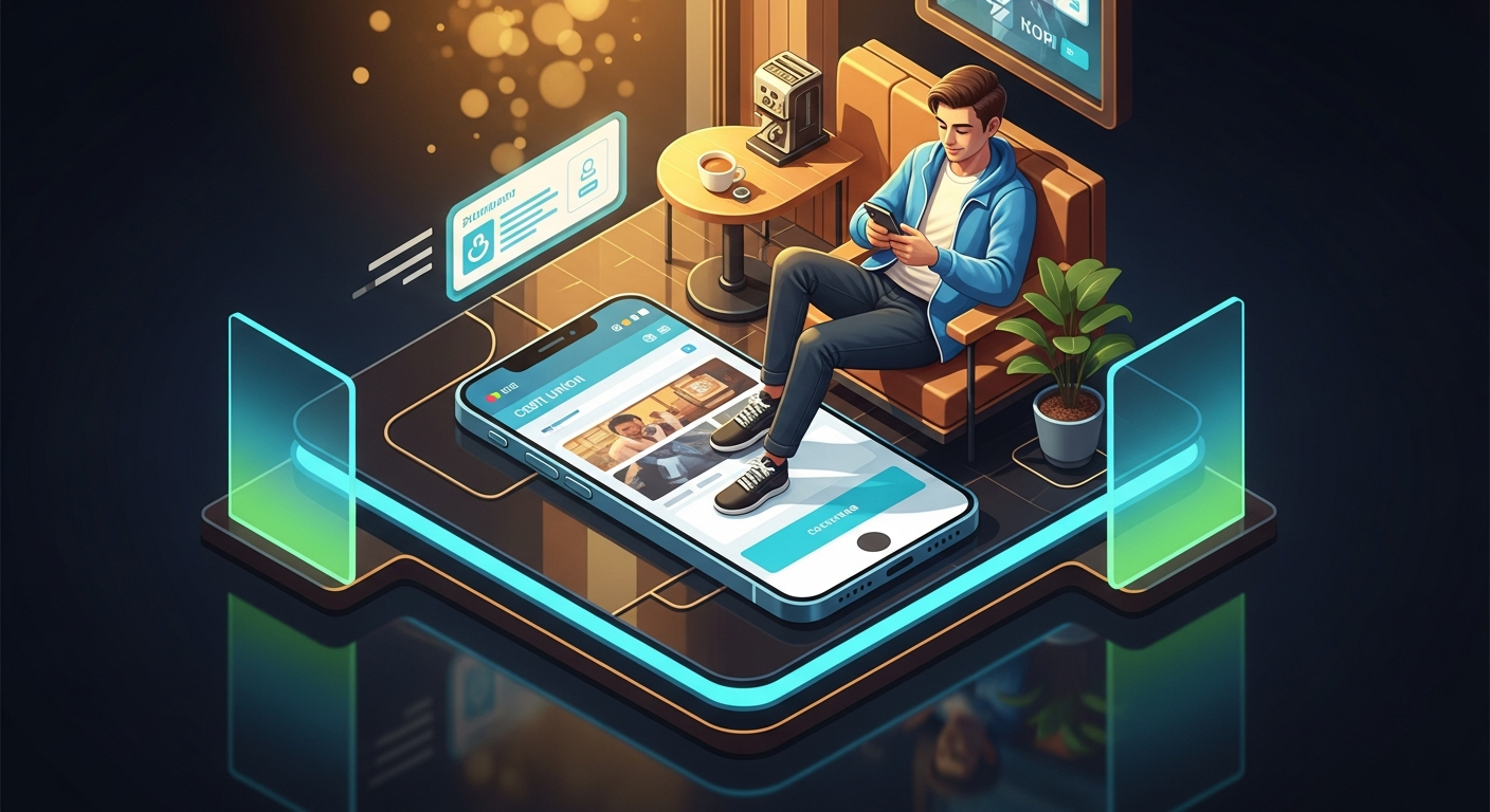 A credit union member enjoying a fast-loading website on their smartphone in a bright coffee shop setting