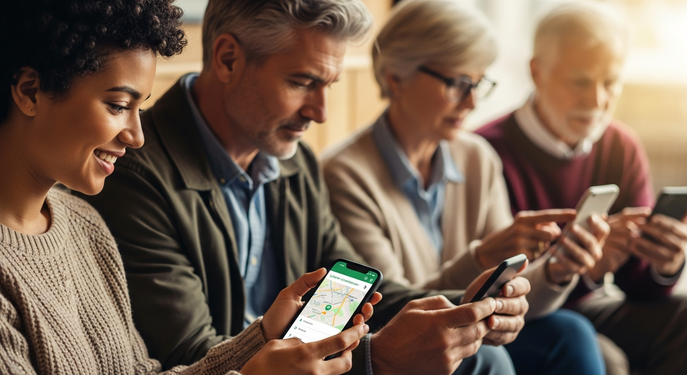 Diverse credit union members using smartphones to find their local branch, warm coffee shop lighting