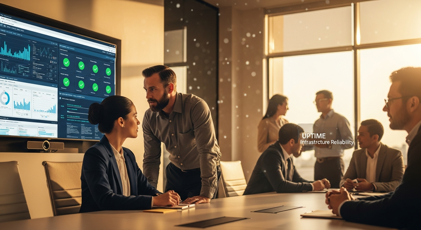 Credit union security compliance officer and web team lead reviewing website security dashboard and uptime monitoring data in a modern conference room with warm natural light