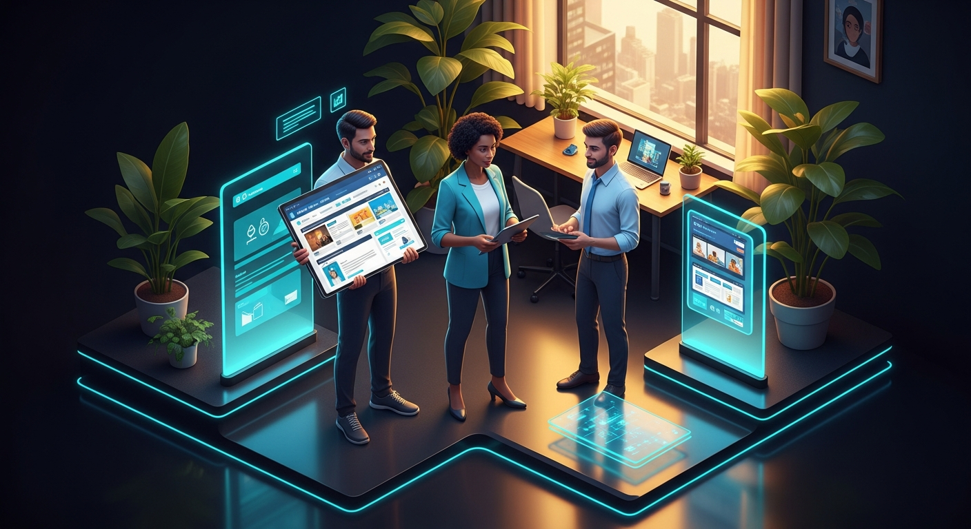 Credit union web designer showing a drag-and-drop website builder platform to a marketing director in a bright modern office with natural light
