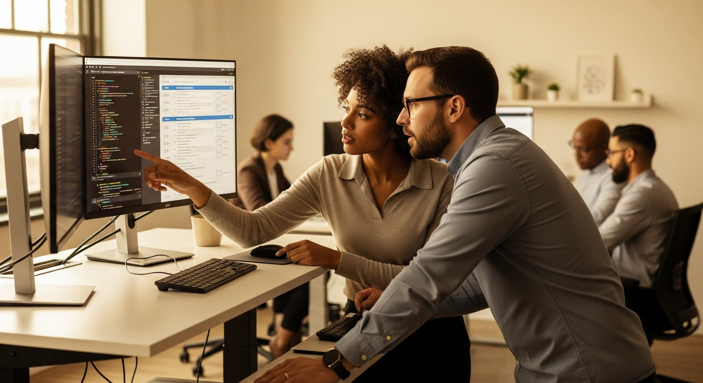 Credit union web development and accessibility team collaborating at a standing desk with monitors displaying WCAG compliance checklists and code in a sunlit modern office