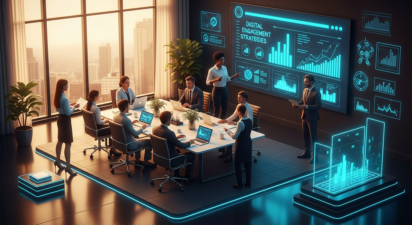 Diverse credit union executives and digital team members reviewing member engagement strategies and conversion data in a bright modern boardroom