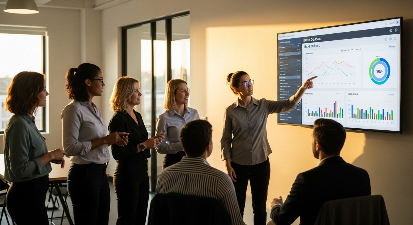 Diverse credit union professionals gathered around a digital brand dashboard on a large screen in a modern sunlit office
