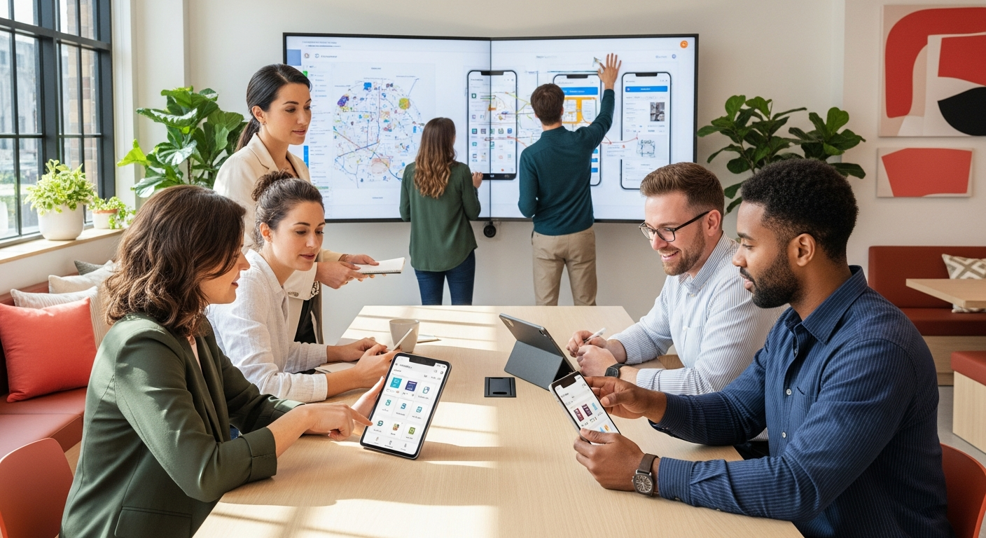Two technology professionals analyzing digital lending dashboard with real-time loan approval data on a large curved display screen