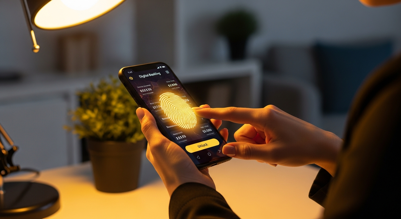 Young professional woman using smartphone for mobile banking with biometric fingerprint authentication