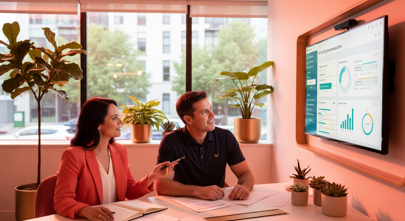 Credit union loan officer and member reviewing AI-powered lending recommendations on a large monitor