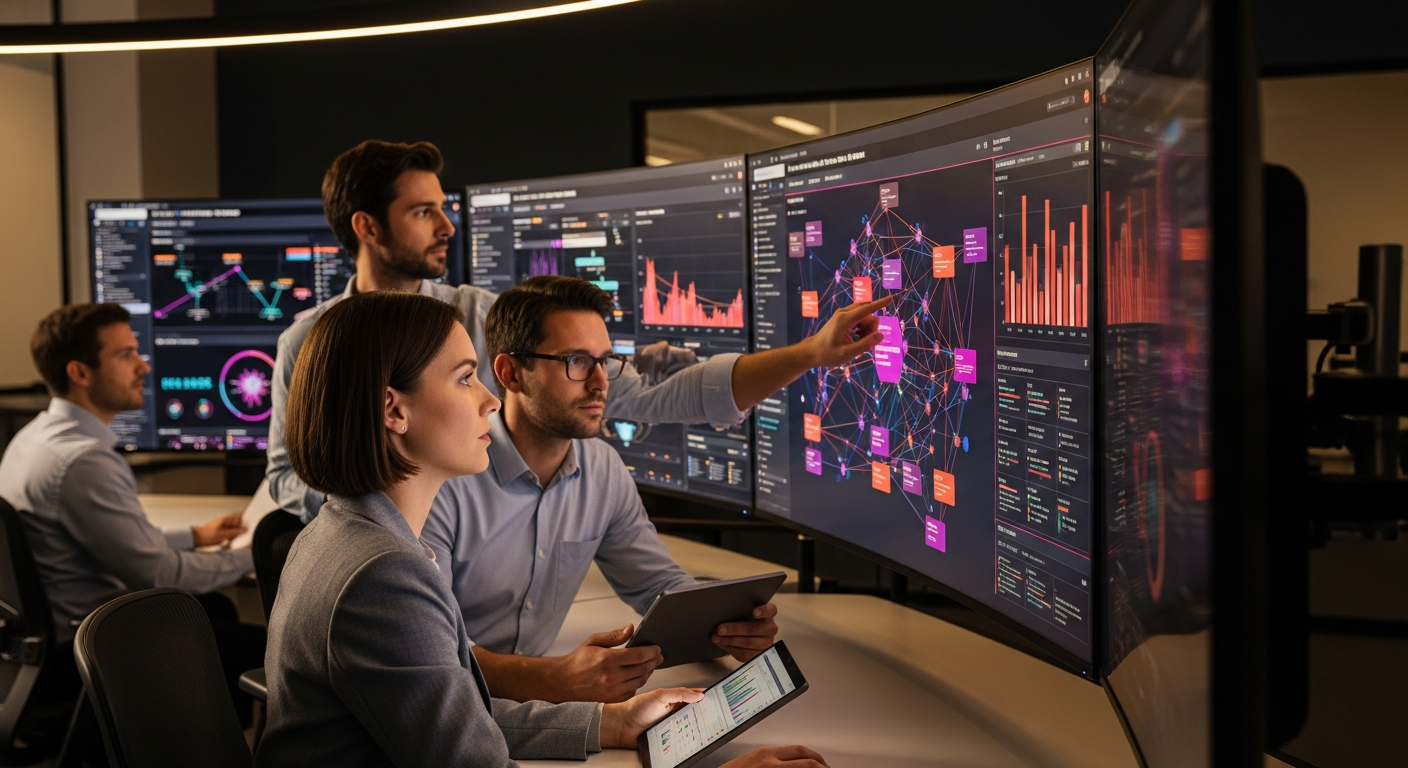 Risk analysts reviewing advanced predictive analytics and risk assessment models