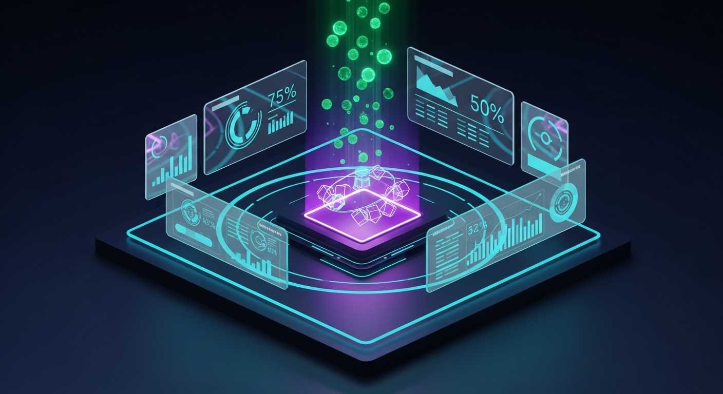 Futuristic 3D abstract digital art of a credit union cybernetic decision center with glowing glassmorphism dashboard panels, holographic KPI metrics, neon violet data hub with spinning geometric forms, and electric blue accent lighting on translucent frosted data panels against deep navy background