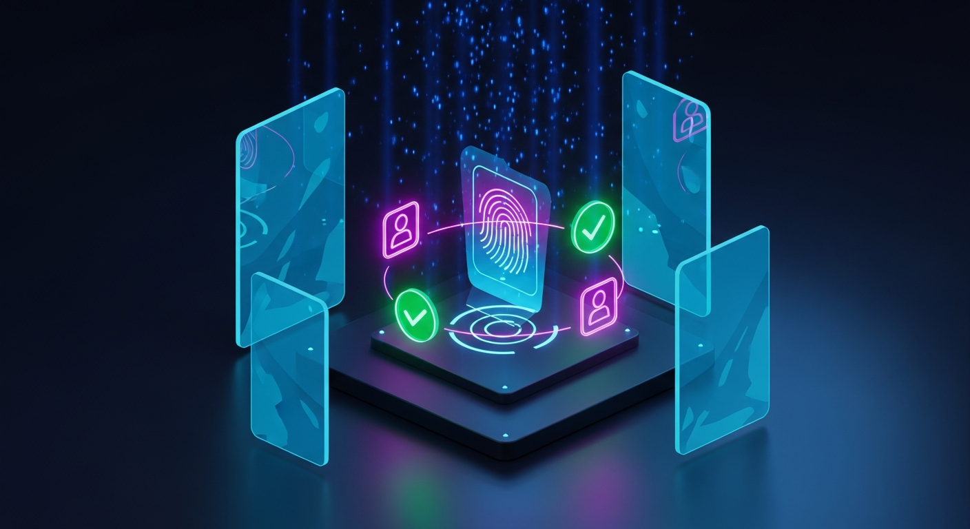 Futuristic 3D abstract digital art of a glowing holographic secure authentication portal with biometric and accessibility verification elements
