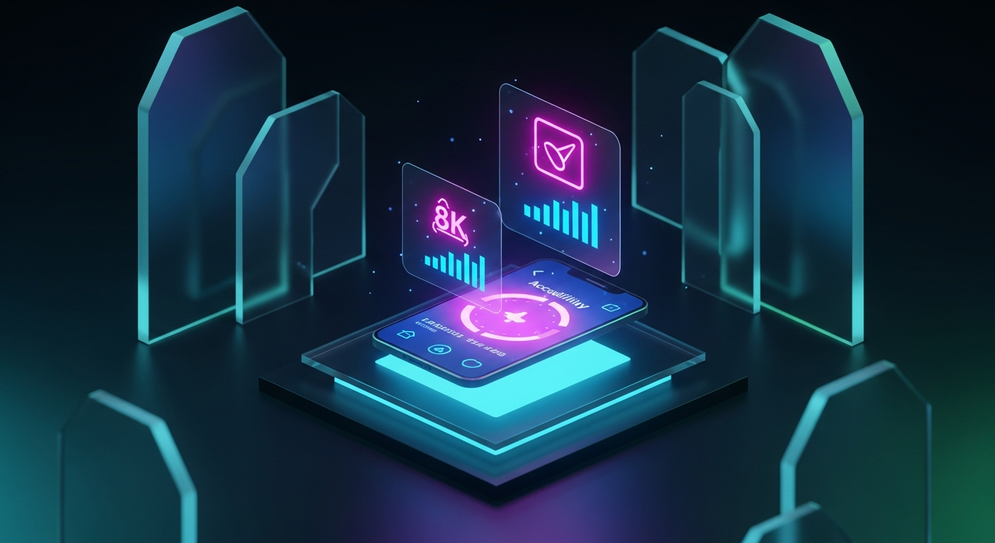 Futuristic abstract digital art of holographic dashboard interface with glowing glassmorphism UI panels and neon blue metrics visualization