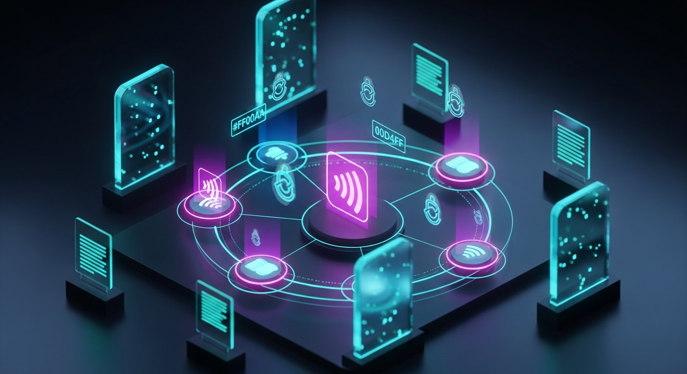 Futuristic holographic payment network nodes connecting in a circular data orbit with floating encrypted data fragments