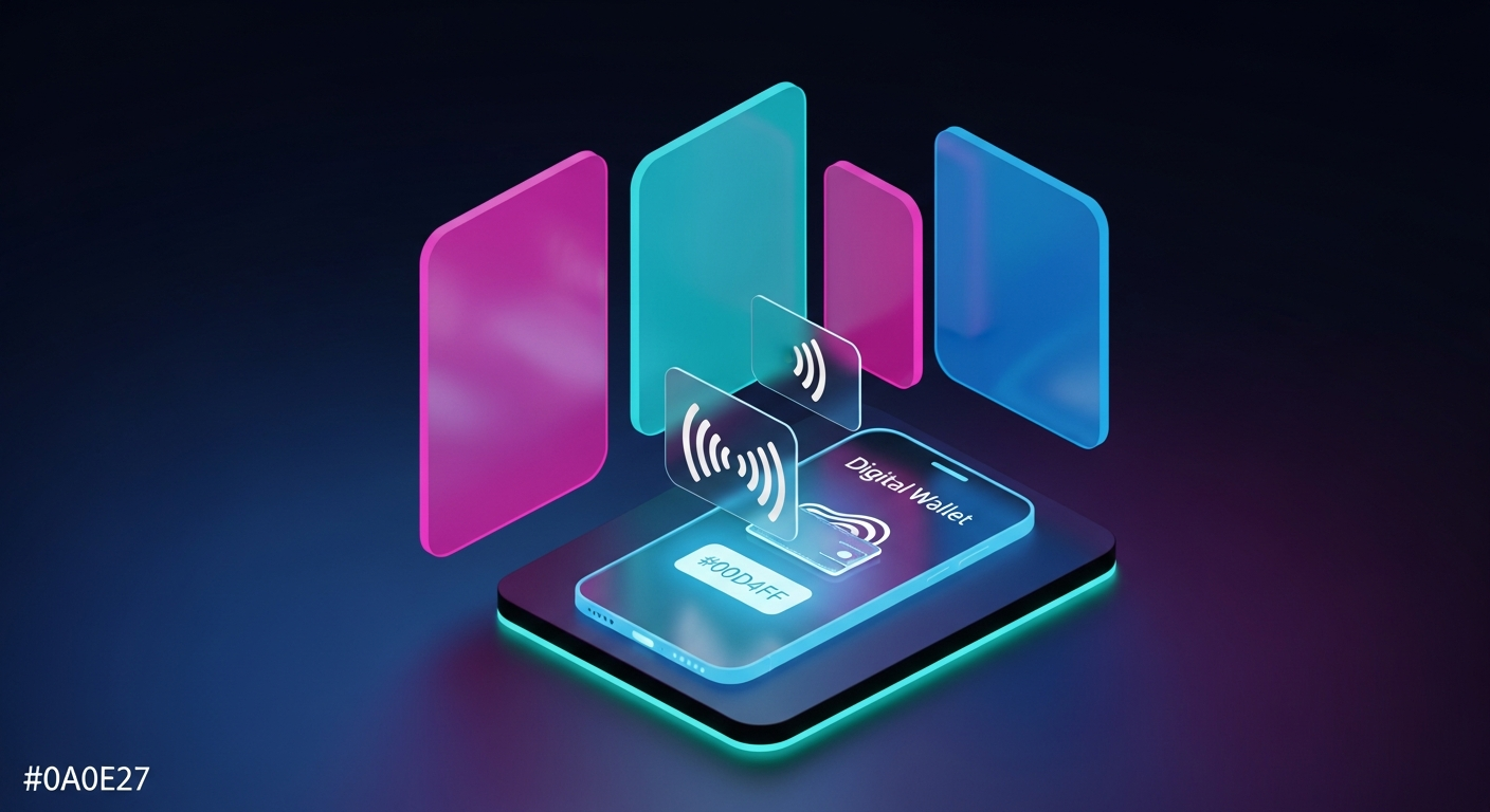 Futuristic holographic mobile phone displaying digital wallet payment confirmation with floating contactless payment symbols