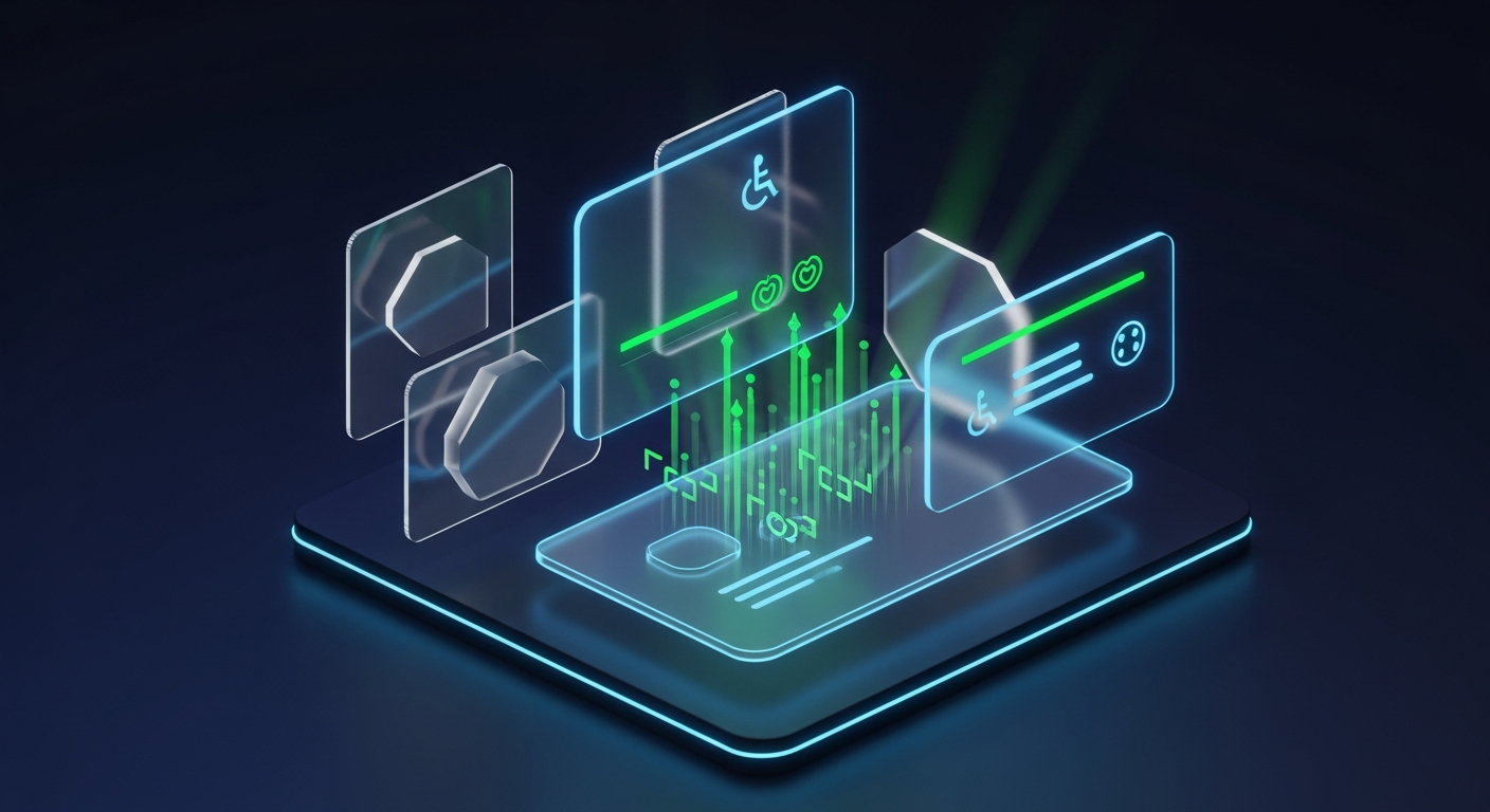 Futuristic 3D abstract digital art of a glowing holographic mobile banking interface with accessibility focus indicators and glassmorphism UI panels