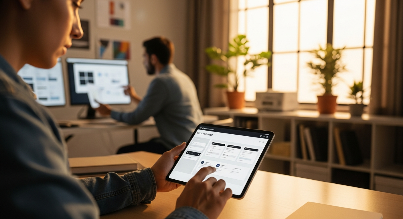 UX designer testing error message patterns on a tablet in a warm, amber-lit studio space