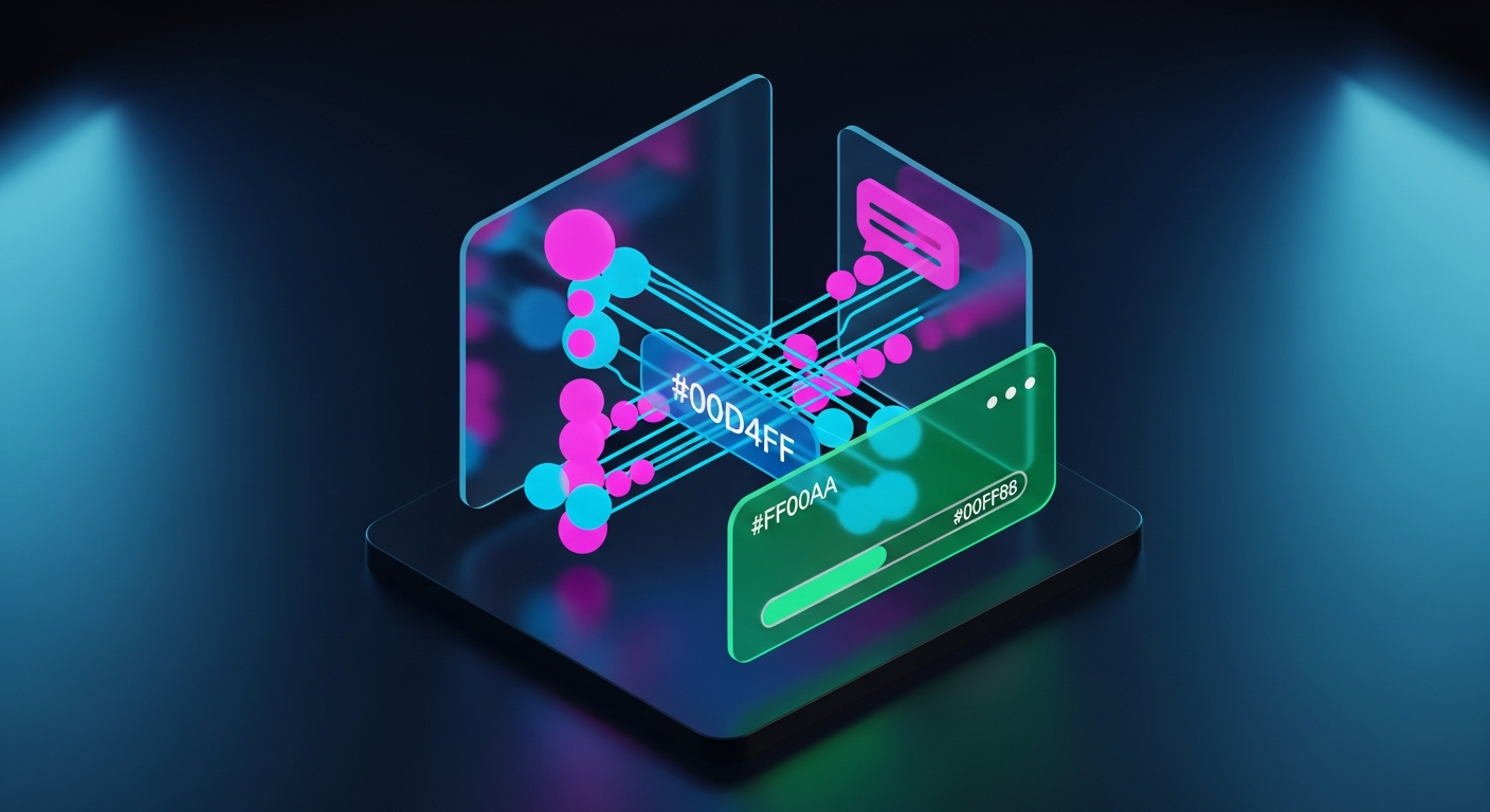 Floating holographic artificial intelligence brain with neon emerald and magenta data streams, futuristic glass UI panels, midnight navy background