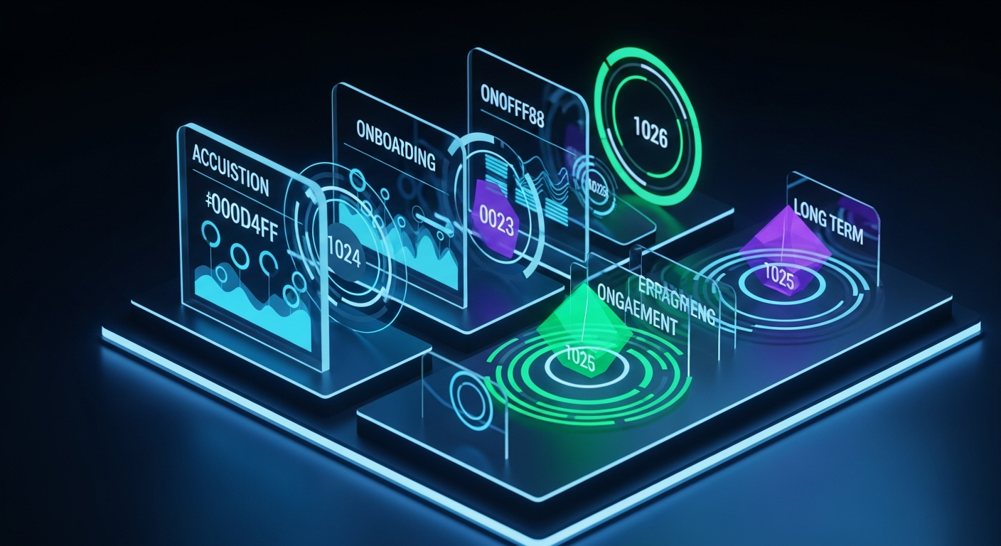 Futuristic 3D abstract timeline visualization showing the member lifecycle journey from acquisition through onboarding milestones to long-term engagement with glowing holographic milestones
