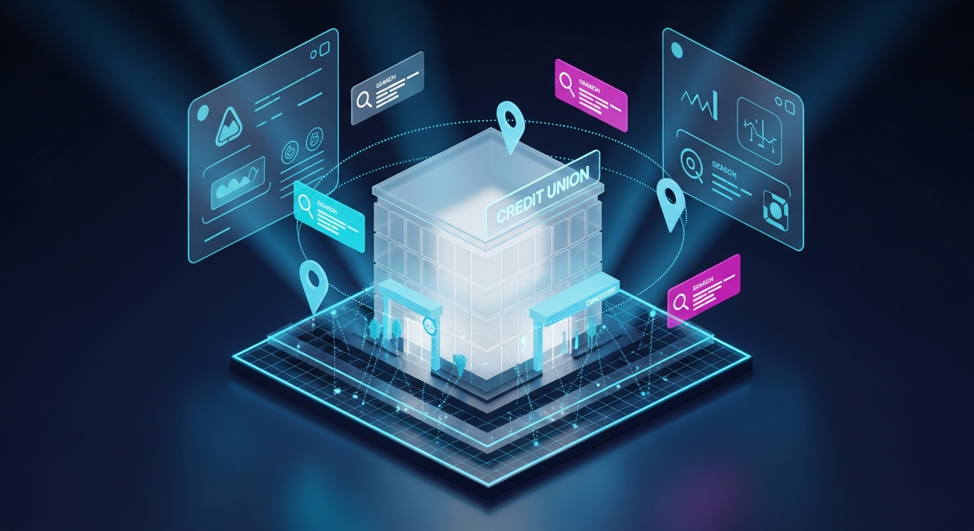 Futuristic 3D glass credit union building floating above a digital city grid with holographic location pins and search result cards in neon electric blue and magenta