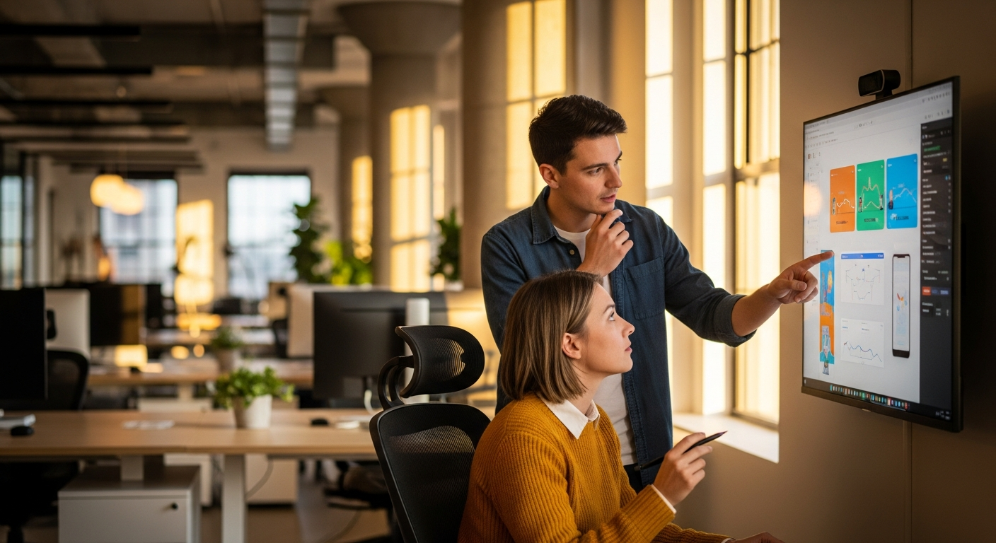 Two UX designers reviewing animation prototypes on a large monitor in a sunlit modern workspace