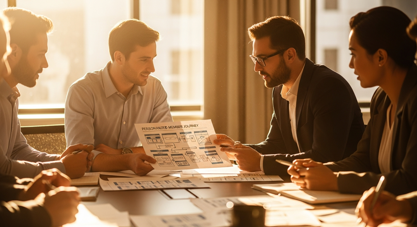 Credit union web designer and digital strategist collaborating on personalized member journey wireframes at a modern conference table