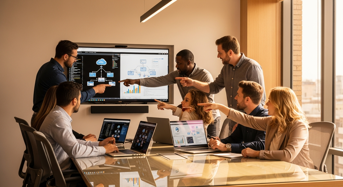 Credit union web development team collaborating on server migration and hosting optimization in a modern office with warm natural lighting