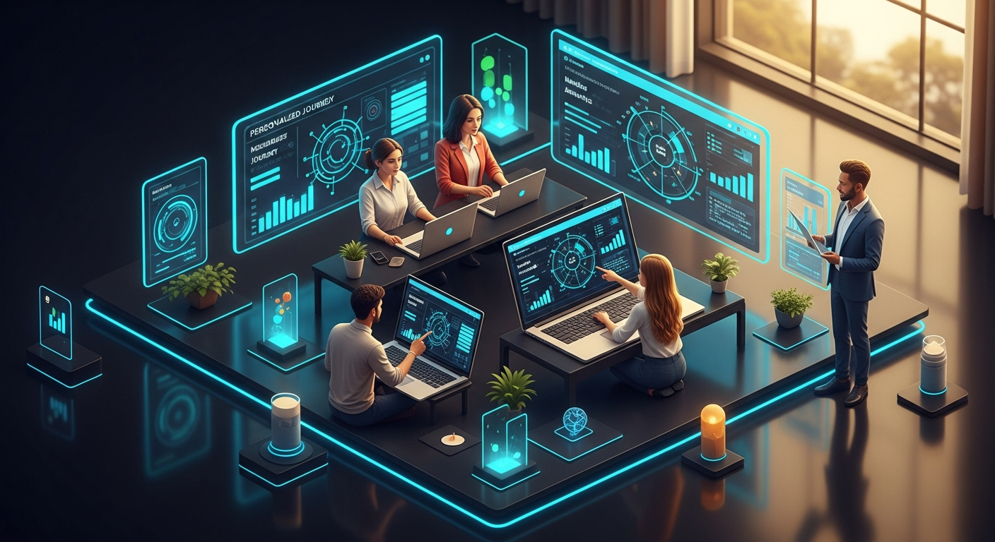 Credit union marketing team collaborating on laptops showing member behavioral analytics and personalization data dashboards in a warm, sunlit modern office