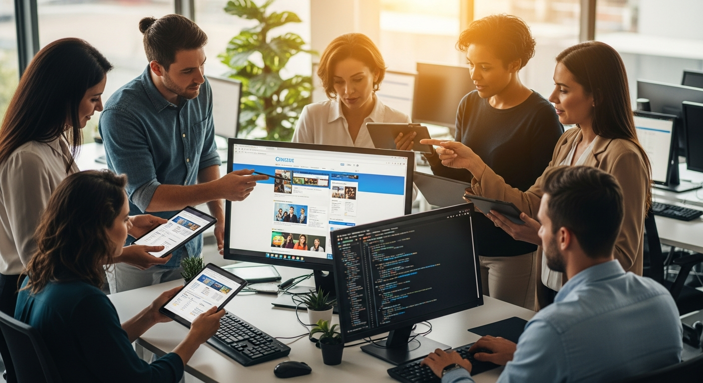 Credit union IT team and web developers performing content migration and quality assurance testing on new website, reviewing migration checklists on tablets in a bright modern office