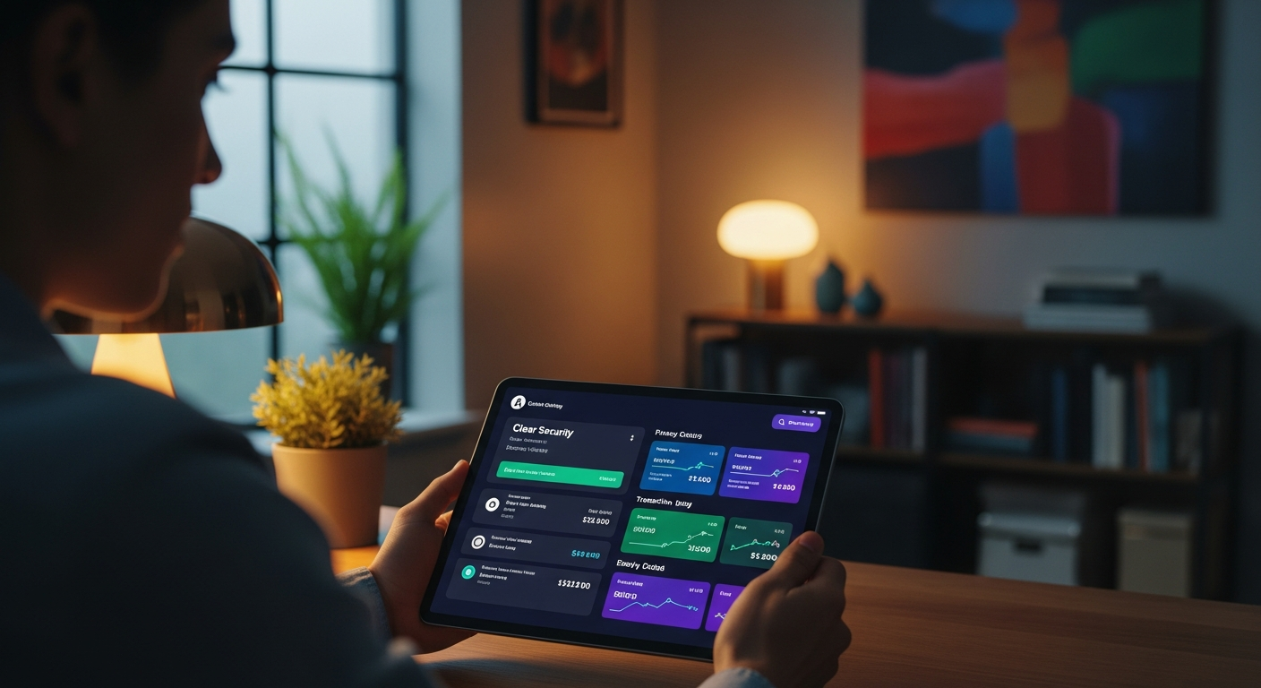 A sleek digital dashboard displaying various data security metrics, user activity logs, and customizable privacy settings with user-friendly icons and warm color gradients, designed for intuitive member control in a credit union digital banking app.